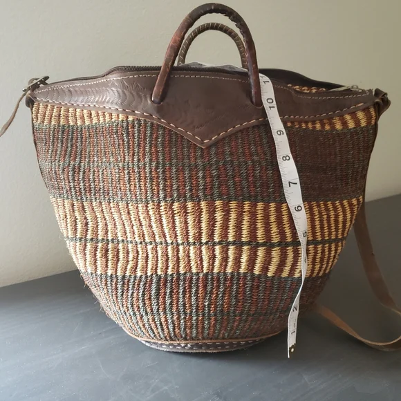 Handcrafted Brown and Tan Woven Tote Bag With Leather Handles - Picture 7 of 8